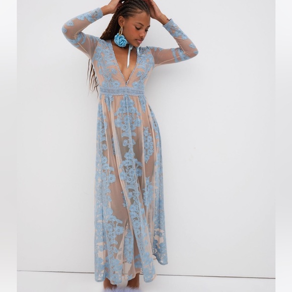 For Love & Lemons x Free People Temecula XS & S Blue Floral Embroidered Maxi - Picture 12 of 14